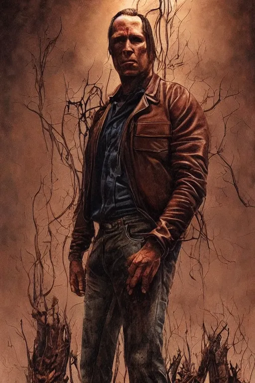 Image similar to a bloody and beaten man in a brown leather jacket in the style of of true detective. art by tomasz alen kopera and glenn fabry.