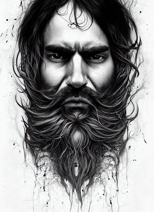 Prompt: a dream portrait of a shy boy with long hair and full beard, black & white, melting, webbing, 8 k, by tristan eaton, stanley artgerm, tom bagshaw, greg rutkowski, carne griffiths, ayami kojima, beksinski, giger, trending on deviantart, face enhance, hyper detailed, minimalist, horror, alien