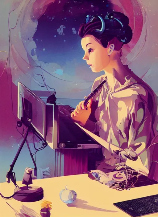 Prompt: poster artwork by Michael Whelan, Bob Larkin and Tomer Hanuka, Karol Bak of musical hero Bjork, sitting at her laptop, recording a new song, simple illustration, domestic, nostalgic, from scene from ghibli, clean