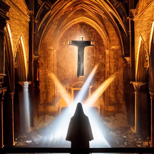 Image similar to a cinematic painting of jesus stood on the alter in an abandoned cathedral interior, he is lit by a strong beam of light shining in through a crack on the ceiling, 8 k, movie still, wide angle photograph