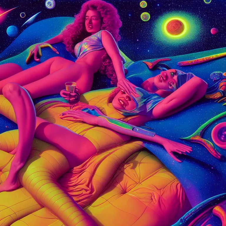 Image similar to cosmic girl, 2 0 yo, reclining close - up, bright neon colors, highly detailed, cinematic, tim white, michael whelan, roger dean, bob eggleton, philippe druillet, vladimir kush, kubrick, alfred kelsner