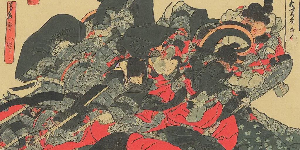 Image similar to ukiyo - e style painting of heavily armored samurai fighting in fierce battle in a beautiful forest