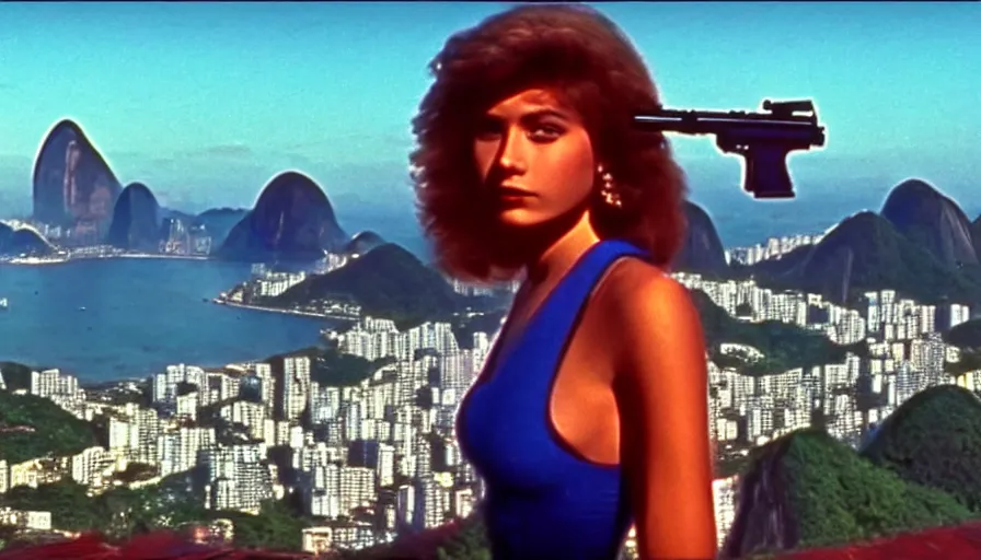 Image similar to 1 9 8 6 movie screencap of a girl with a gun on a rio de janeiro, gucci clothes, sparkes sky, beautiful favela background extremely utra high quality artwork 8 k