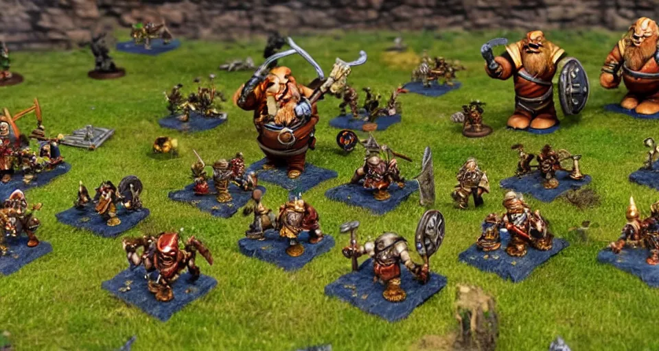 Image similar to Dwarves and giants battling on a vast field over gold and iron