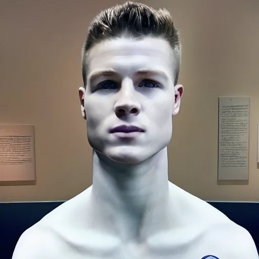 Image similar to “ a realistic detailed photo of a guy who is an attractive humanoid who is half robot and half humanoid, who is a male android, football player christian mccaffrey, shiny skin, posing like a statue, blank stare, at the museum, on display ”