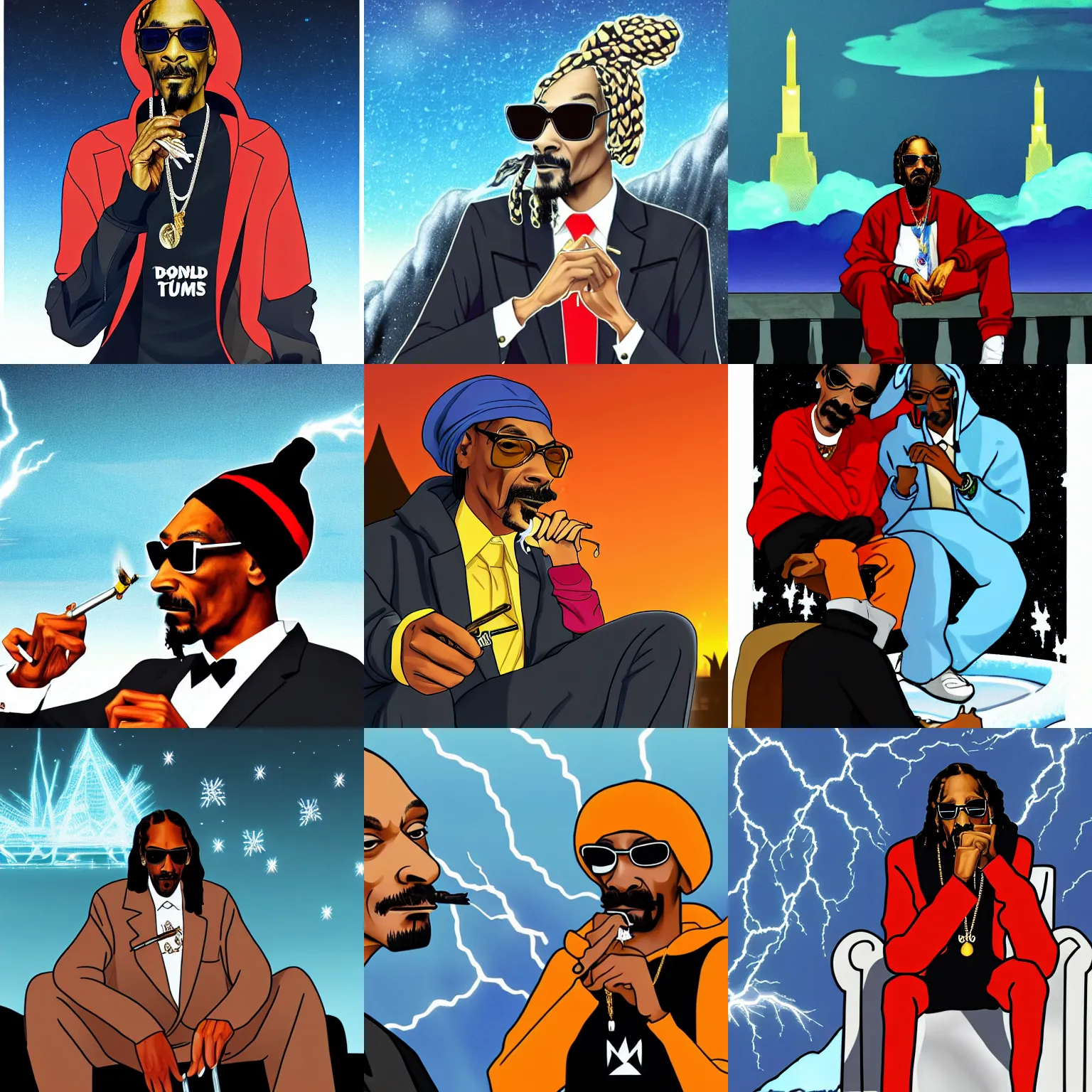 Prompt: snoop dogg smoking a joint with donald trump, while sitting on top of a large black tower during a cold winter night, lightning in the background, anime art style