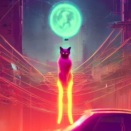 Image similar to a detailed matte painting of a neon cat under a black light with red led eyes, a beam of light shining upon the cat, levitation, the cat is in a intricately detailed neo neon cyberpunk Japanese city, the angel of death with a halo, colorful background not limited to children, by Ismail Inceoglu , concept art, featured on cgsociety