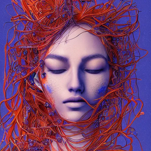 Image similar to the head of an incredibly gorgeous woman partially made of carrots and blueberries looking down, an ultrafine detailed illustration by james jean, final fantasy, intricate linework, bright colors, behance contest winner, vanitas, angular, altermodern, unreal engine 5 highly rendered, global illumination, radiant light, detailed and intricate environment