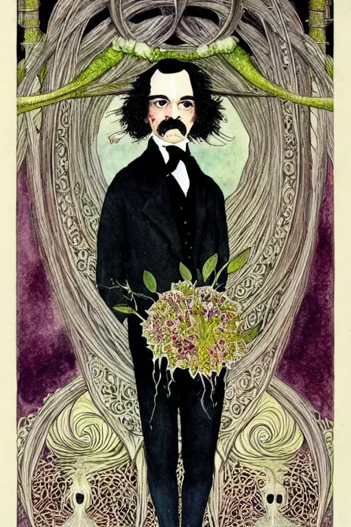 Prompt: realistic portrait of edgar allen poe in the center of an ornate orchid flower frame, detailed art by kay nielsen and walter crane, illustration style, watercolor