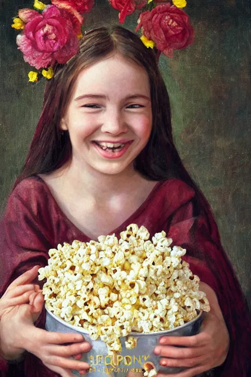 Image similar to portrait ancient of a happy girl, lots of flowers and popcorn around, hyperrealistic, medieval style