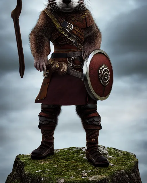 Image similar to ferret warrior, furry, fantasy, viking, high detailed, photography, cloudy, lightweight leather armour, scandinavia, plain, detailed face, look into the distance, serious face, full body, in full growth, professional photographer, masterpiece, 5 0 mm, extremely detailed, 3 d render, digital, 8 k