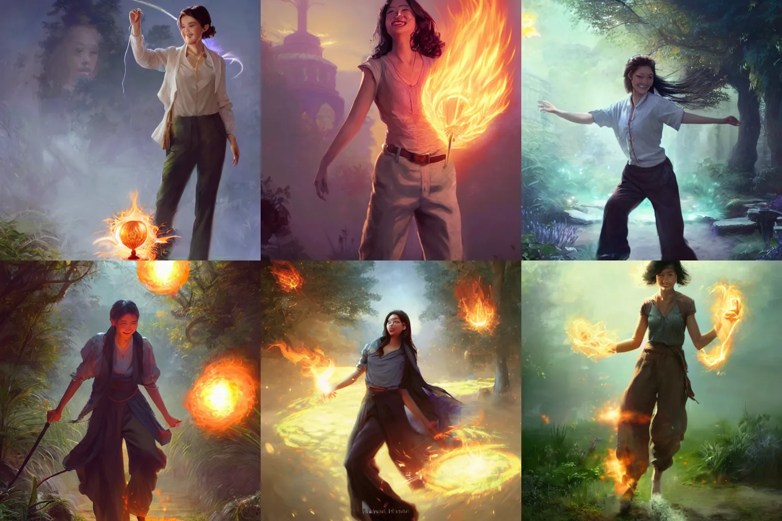 Prompt: smiling hapa sorceress in trousers with short hair wearing trousers casting a fireball and chasing will-o-wisps in a garden, orthodox saint, by Greg Rutkowski, breathtaking digital 2d cover art