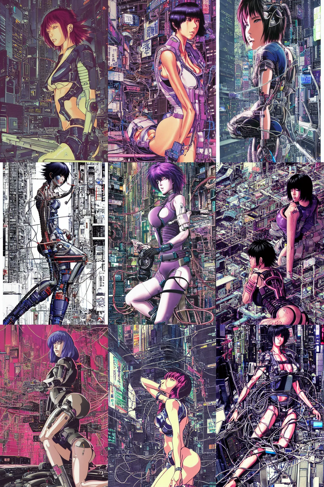 Prompt: an hyper-detailed cyberpunk illustration of motoko kusanagi kneeling on the floor in a tech labor, seen from the side with her body open showing cables and wires coming out, by masamune shirow, Yukito Kishiro and katsuhiro otomo, japan, 1980s, centered, colorful, ultra coherent