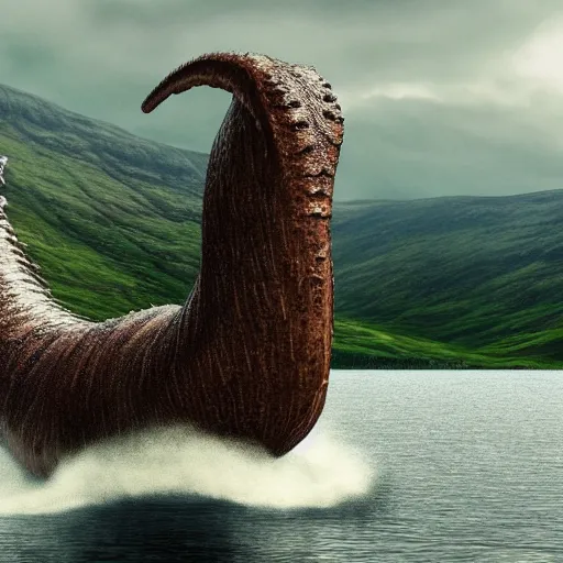 Image similar to realistic photo of the loch ness monster in a beautiful eery day, swimming in a big loch in north scotland. hypermaximalistic, high details, cinematic, 8 k resolution, beautiful detailed, insanely intricate details, artstation trending, octane render, unreal engine