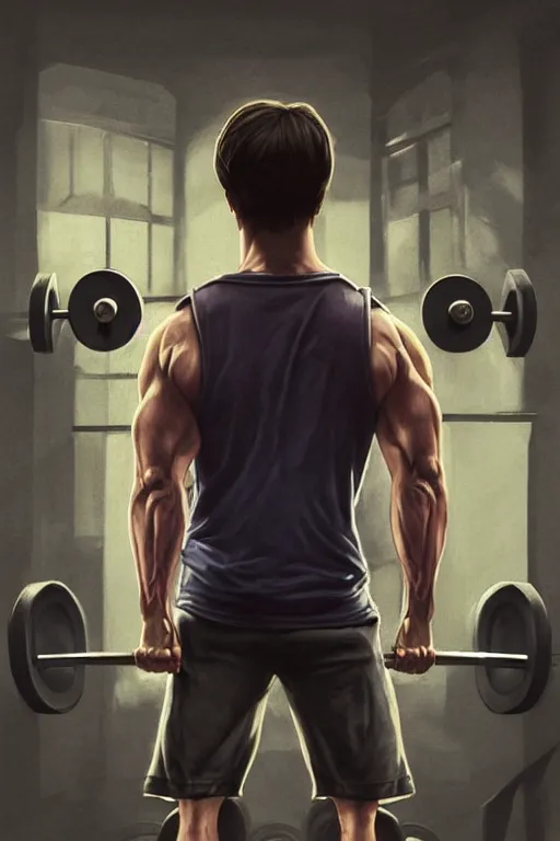 Image similar to highly detailed rendering of Daniel Radcliffe as Harry Potter doing barbell back squats, dingy workout gym, wearing a muscle tee shirt, muscular deep squats, symmetrical, highly detailed, digital painting, artstation, concept art, smooth, sharp focus, illustration, cinematic lighting, art by artgerm and greg rutkowski and alphonse mucha