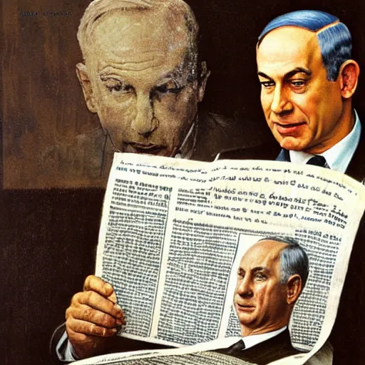 Image similar to portrait of benjamin netanyahu reading a newspaper, by norman rockwell