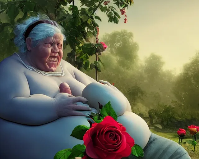 Prompt: of a very beautiful scene. ambient occlusion render. a sweet fat old woman is giving birth a beautiful colorful rose. hyper realistic. 4 k. wide angle. wild. symmetrical face, red mouth, blue eyes. deep focus, lovely scene. ambient occlusion render. concept art. unreal engine.