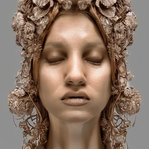 Image similar to beatifull face portrait of a woman, 150 mm, anatomical, flesh, flowers, mandelbrot fractal, facial muscles, veins, arteries, intricate, golden ratio, full frame, microscopic, elegant, highly detailed, ornate, ornament, sculpture, elegant , luxury, beautifully lit, ray trace, unreal, 3d, PBR, in the style of peter Gric , alex grey and Romero Ressendi