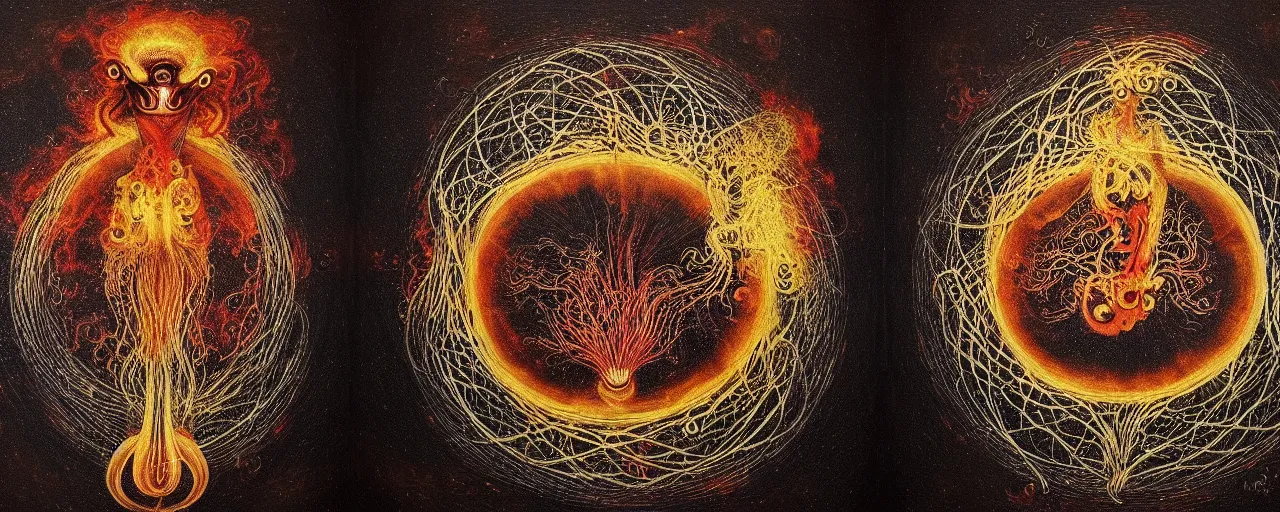 Image similar to a strange fire creature with endearing eyes radiates a unique canto'as above so below'while being ignited by the spirit of haeckel and robert fludd, breakthrough is iminent, glory be to the magic within, in honor of saturn, painted by ronny khalil