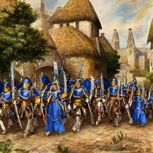 Prompt: A group of Knights wearing blue gambesons march through a village, while the villagers look in awe, stunning, cloudy, high complexity, fantasy, award-winning illustration, upscaled, 8k resolution