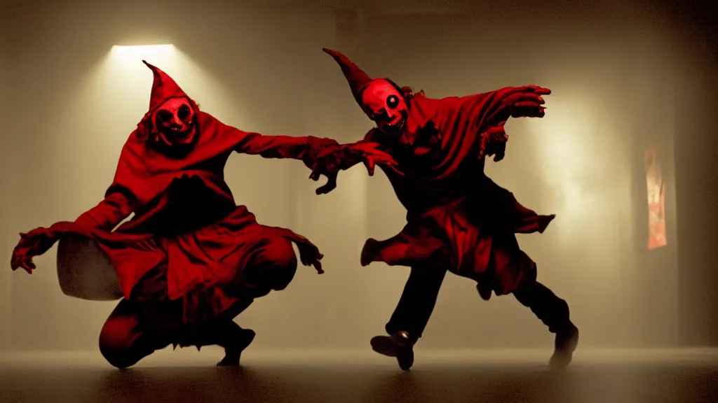 Prompt: a scary jester dances in a black and red checkered room, film still from the movie directed by Denis Villeneuve with art direction by Zdzisław Beksiński, wide lens