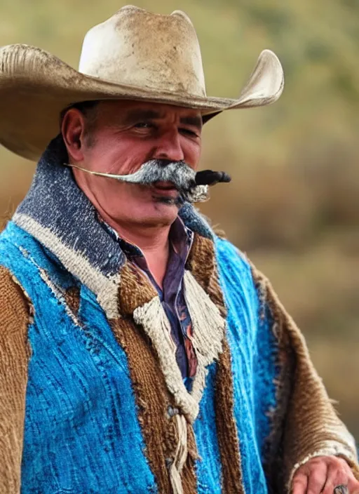 Image similar to a mustachioed cowboy wearing a poncho and smoking a cigar