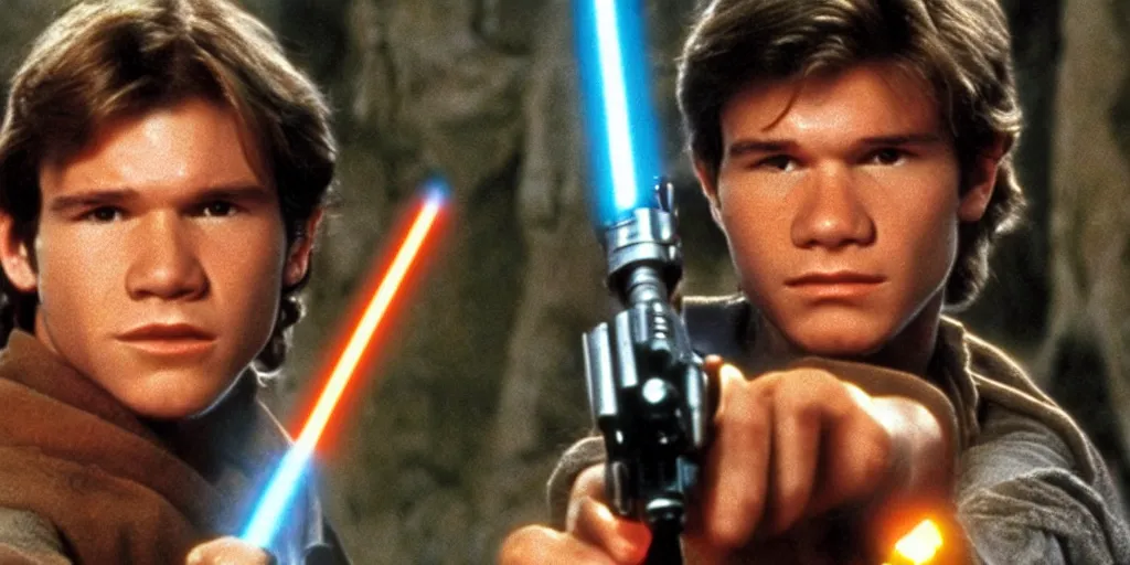 Image similar to A full color still from a film of a teenage Han Solo as a Jedi padawan holding a lightsaber hilt, from The Phantom Menace, directed by Steven Spielberg, 35mm 1990