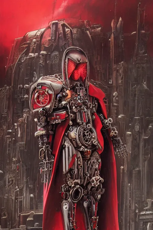 Image similar to portrait of adeptus mechanicus in red hood and robe from Warhammer 40000. Highly detailed, artstation, illustration by Karl Kopinski and Adrian Smith and John Blanche and zdislav beksinski and wayne barlowe