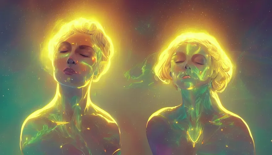 Prompt: a golden woman, eyes closed, glowing lavender aura, head expanding into pieces, laser beaming from the sky into the top of her head, half body, in space, concept art, artstation