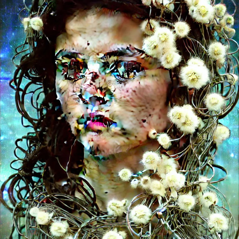 Image similar to hyperrealist realistic wonderful face portrait of a 2 0 4 4 space sport engineer, it is decorated with long wires and white flowers that fall like vines and wears a huge computer crown. by jeremy mann and alphonse mucha, fantasy art, photo realistic, dynamic lighting, artstation, poster, volumetric lighting, very detailed faces, 4 k, award winning