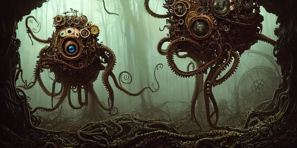 Image similar to biomechanical steampunk creature with robotic parts and big octopus head and (glowing) eyes guarding an ancient lush cave in a mystic forest, gothic and baroque, brutalist architecture, ultradetailed, creepy ambiance, fog, artgerm, giger, Intricate by Ellen Jewett and Josan Gonzalez and Giuseppe Arcimboldo