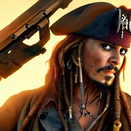 Image similar to captain jack sparrow as terminator, highly detailed, photo realistic, cinematic atmosphere, 8 k, octane render, unreal engine