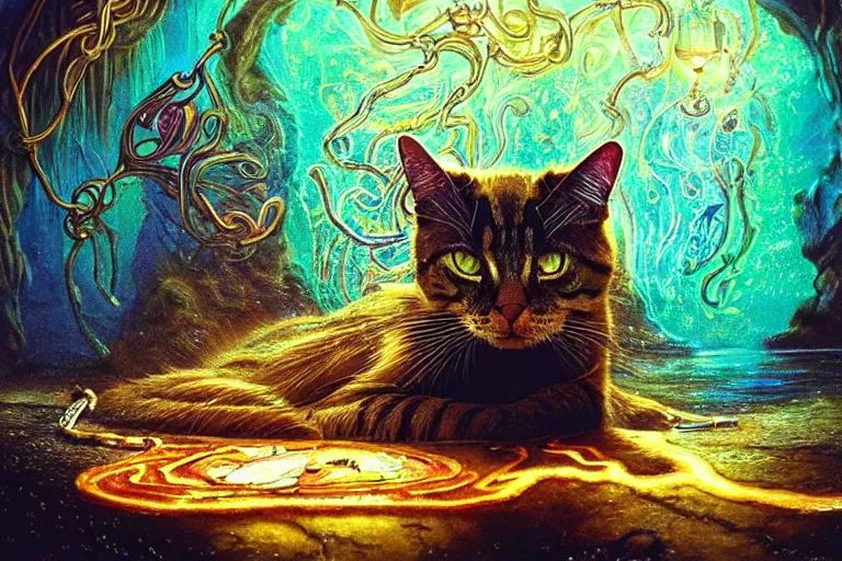 Prompt: psychedelic cat with trinket necklace, epic angle and pose, reflective pool, symmetrical artwork, ayahuasca, translucent, fungus, energy flows of water and fire, highly detailed, epic cinematic concept art, excellent composition, dystopian brutalist atmosphere, dynamic dramatic lighting, aesthetic, very inspirational, arthouse, Greg Rutkowski, Artgerm