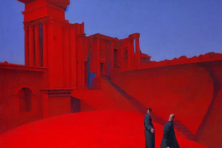 Image similar to only with red, a red melted emperor, taormina amphitheatre, crowd hails him happy, in the style of beksinski, parts by edward hopper, parts by rodcenko, parts by yue minjun, intricate and epic composition, red by caravaggio, insanely quality, highly detailed, masterpiece, red light, artstation, 4 k