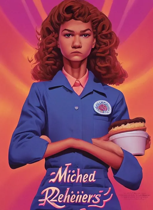 Prompt: poster artwork by michael whelan and laurent durieux, portrait of a high school student zendaya!!!!! wearing rr diner uniform working at the local diner, confectioner in a pastry shop, full length shot, shining, from scene from twin peaks, clean