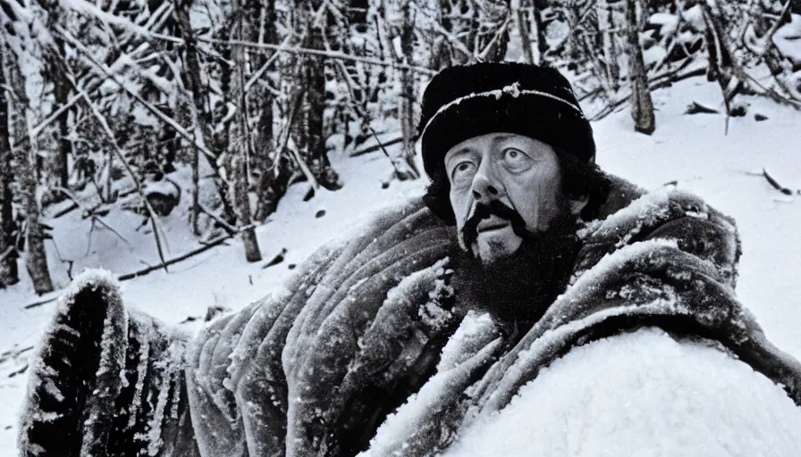 Prompt: 1 9 6 0 s movie still close up of marcus aurelius wearing chestplate and dape frozen to death under the snow by the side of a river with gravel, pine forests, cinestill 8 0 0 t 3 5 mm b & w, high quality, heavy grain, high detail, texture, dramatic light, anamorphic, hyperrealistic, detailed hair, foggy