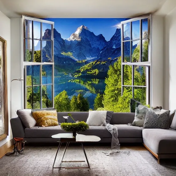 Image similar to fantastical living room with switzerland landscape in the window by marc adamus, beautiful dramatic lighting, high definition