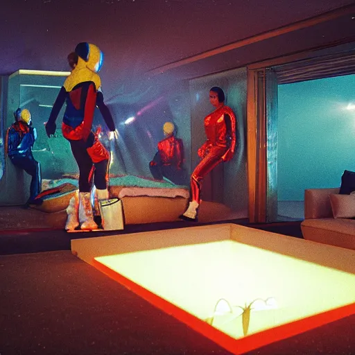 Image similar to first-person perspective view of people wearing shiny skiwear having a party inside of a 1970s luxury bungalow with a sunken living room with a square hole in the ground with fog and light-emitting, at dusk, ektachrome photograph, f8 aperture