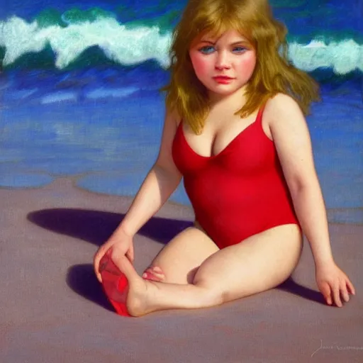 Image similar to portrait of cute young chubby courtney cox in red swimsuit sitting on a beach, intricate, hyperdetailed, photorealistic, diffuse lighting, hdrp, artstation, unreal 5, smooth, textless, sharp focus, art by john collier, albert aublet, krenz cushart, artem demura, alphonse mucha