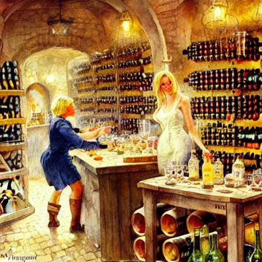 Prompt: hot blonde working in a wine cellar, food, pork, beer, schnapps, rustic, traditional, torches on the wall, watercolor by vladimir volegov and carl larsson