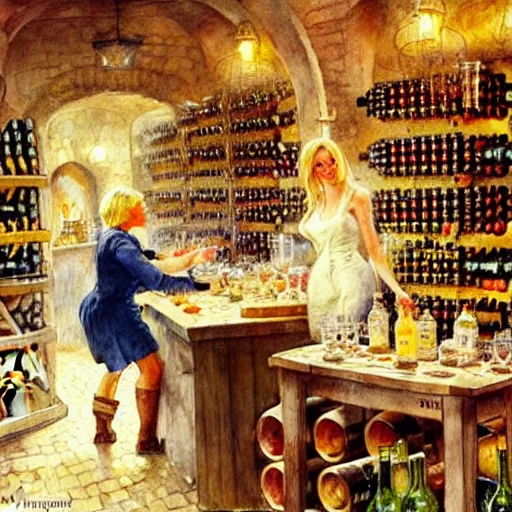 Image similar to hot blonde working in a wine cellar, food, pork, beer, schnapps, rustic, traditional, torches on the wall, watercolor by vladimir volegov and carl larsson