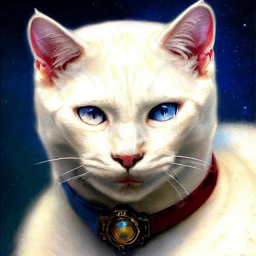 Image similar to a portrait of a manly humanoid anthromorphic furry white cat feline, blue eyes, star trek the next generation. highly detailed painting by gaston bussiere, craig mullins, j. c. leyendecker, furry