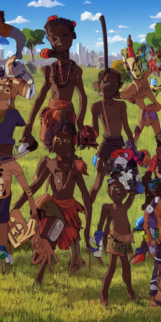 Image similar to a film still for a Sony Pictures animated movie, four kids wearing African tribal masks with graffiti war paint stand together in an open field in the middle of the city ready for battle, video game character design , fan art behance hd, medium shot, waist up, studio Ghibli, Pixar and Disney animation, sharp, Rendered in Unreal Engine 5, anime key art by Greg Rutkowski, Bloom, dramatic sunset lighting