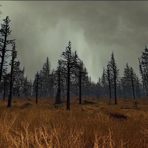 Image similar to Burnt forest of skeleton trees underneath a raging thunderstorm. 4K. Unreal engine. HD. Highly detailed.