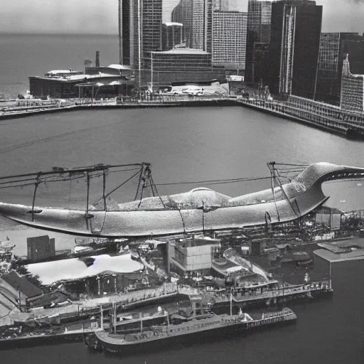 Image similar to godzilla resting in navy pier, chicago after destroying the city