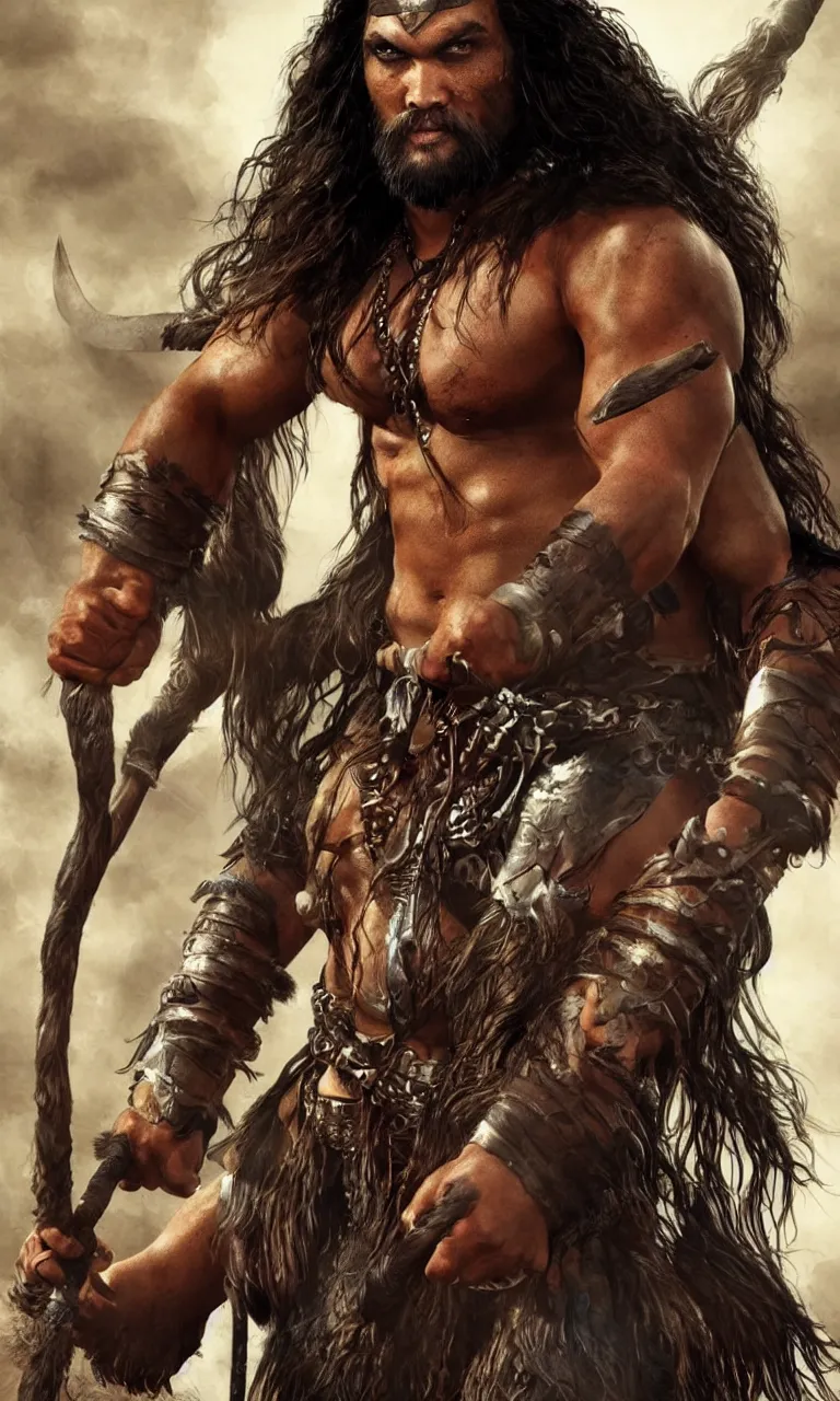 Image similar to hyper realistic digital painting of jason momoa as conan the barbarian by simon bisley, vivid color scheme, unreal engine 5