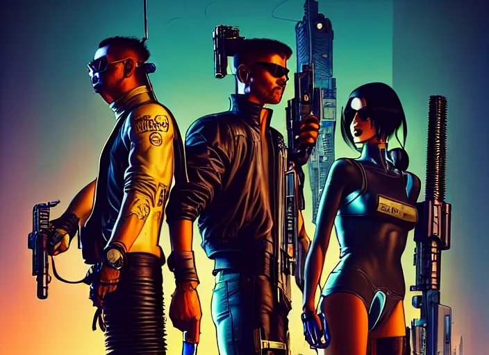 Prompt: cyberpunk gun slingers. portrait by stonehouse and mœbius and will eisner and gil elvgren and pixar. character design. realistic proportions. cyberpunk 2 0 7 7 character art, blade runner 2 0 4 9 concept art. cel shading. attractive face. thick lines. the team. diverse characters. artstationhq.