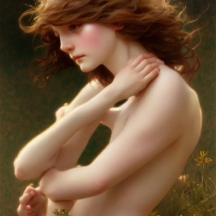 Prompt: pure innocence, diffuse lighting, fantasy, intricate, elegant, highly detailed, lifelike, photorealistic, digital painting, artstation, illustration, concept art, smooth, sharp focus, art by John Collier and Albert Aublet and Krenz Cushart and Artem Demura and Alphonse Mucha
