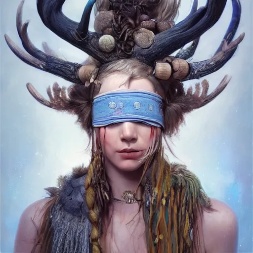 Image similar to A young female shaman, blue hair and antlers on her head. blindfolded, heilung, in the style of Heather Theurer, headshot photoshoot, insanely detailed and intricate, beautiful, elegant, cinematic toplight, portrait, headroom, artstation, made by karol bak
