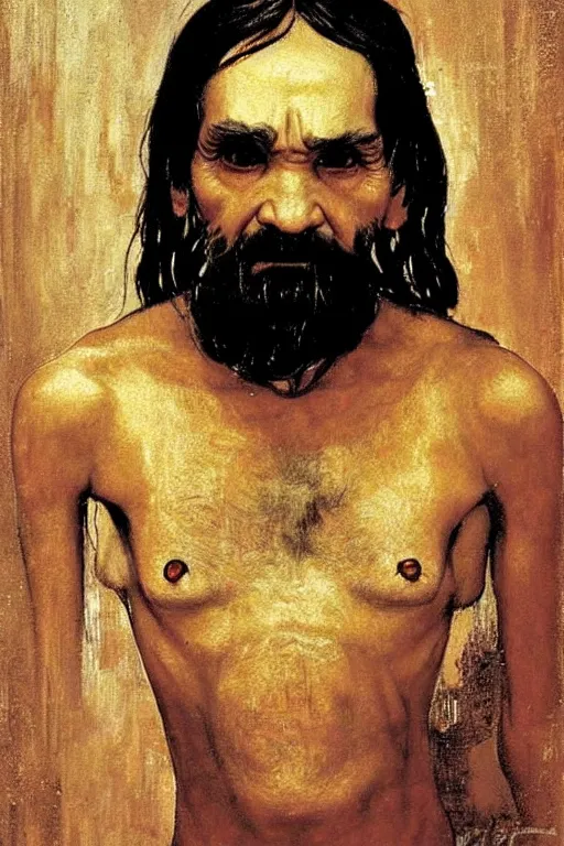 Image similar to a closer personal portrait of a very old egyptian charles manson with very piercing eyes, very charismatic. in the old ancient temple of luxor. masterpiece, dark. painted by norman rockwell and james gurney